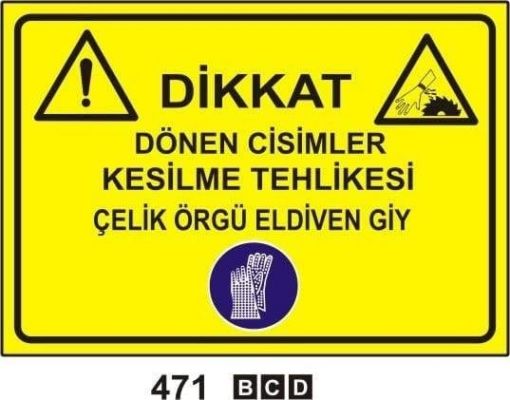Dönen Cisimler Kesilme Tehlikesi Çelik Örgü Eldiven Giy, Sıcak Levha Yanma Tehlikesi Isıya Dayanıklı Eldiven Giy, Asit Tahriş Edici Tehlike, Uyarı Levhaları, Bursa Uyarı Levhaları Baskı, Kombine Levhalar,